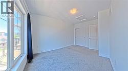 Bright room with broadloom carpeting, a multi-pane window, and white trim - 