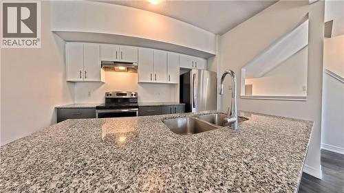 Kitchen featuring a double basin stainless steel sink with a high-arch faucet, granite countertops, stainless steel appliances, and white upper cabinetry with dark lower cabinetry - 10 Birmingham Drive Unit# 129, Cambridge, ON - Indoor Photo Showing Kitchen With Stainless Steel Kitchen With Double Sink With Upgraded Kitchen
