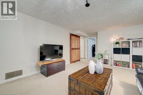Wall-to-wall carpeting and white walls define this room, featuring a natural wood barn door - 60 Mayfield Avenue, Waterloo, ON 