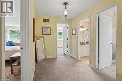Carpeted hallway with a hanging light fixture and access to three separate rooms - 