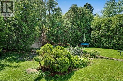 Expansive backyard with a manicured lawn, established garden beds, and mature perimeter trees providing natural screening - 2068 Wellington Avenue, Burlington, ON 