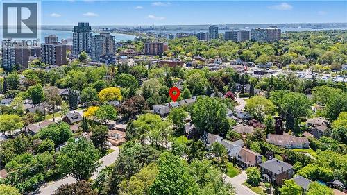 Aerial perspective highlighting a residential neighborhood with extensive tree coverage - 2068 Wellington Avenue, Burlington, ON 