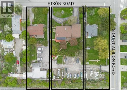Aerial depiction of three distinct parcels of land, each outlined by a black border - 262-270-276 Hixon Road, Hamilton, ON 