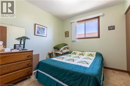 Carpeted room with a window featuring brown trim, light green walls, and a built-in closet with a brown door - 12 Spartan Drive, Brantford, ON - Indoor Photo Showing Bedroom