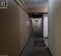 Hallway with neutral wall paint, overhead lighting, and dark carpet flooring - 