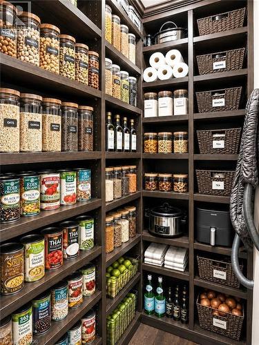 Custom pantry featuring extensive dark wood-finish shelving, integrated storage for small appliances, and woven basket storage solutions - 68 Annsleywood Court, Kleinburg, ON - Indoor Photo Showing Living Room With Fireplace