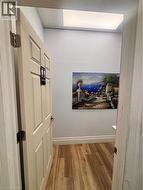Wood-finish flooring complemented by light-colored walls and a drop ceiling with integrated lighting - 