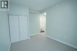 Spacious room featuring light gray walls, light gray carpet flooring, and white baseboards - 