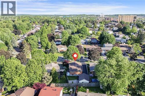 Residential neighborhood setting with abundant mature trees and distant urban structures - 124 Dunsmere Drive, Kitchener, ON - Outdoor With View