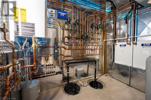 Dedicated utility room featuring extensive copper plumbing and multiple mechanical units, including two Ecosmart units - 6 Firelane 11A Street, Niagara-On-The-Lake, ON - Indoor Photo Showing Basement