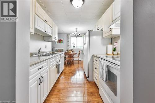 Galley kitchen featuring white cabinetry, light countertops, wood-finish flooring, and white appliances - 29 West Avenue, Kitchener, ON - Indoor Photo Showing Kitchen With Double Sink