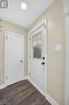 Entryway featuring a white door with decorative glass inserts, wood-finish flooring, and light-toned wall paint - 43 West 1St Street, Hamilton, ON 