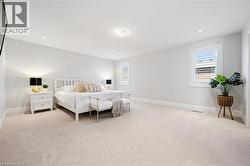 Expansive bedroom featuring light-colored carpeting, two windows with white plantation shutters, and a ceiling light fixture - 