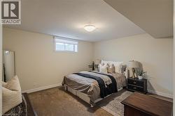 Carpeted bedroom featuring a flush mount ceiling light, an egress window with a roller shade, and neutral wall paint - 