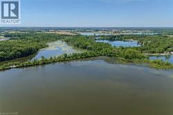 Expansive water body with surrounding mature tree lines and distant land formations under a clear sky - 