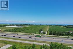 Expansive agricultural land featuring vineyards and fields, bordered by a highway and distant body of water - 