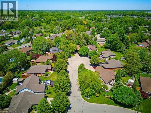 Aerial perspective showcasing a residential area with varied housing styles and extensive mature landscaping - 5 Coastal Court, Port Dover, ON 
