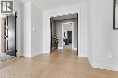 Light wood-finish flooring complementing white walls and trim - 95 Pondcliffe Drive, Kitchener, ON 