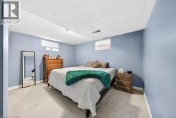 Carpeted room featuring light blue walls and two windows with white blinds - 