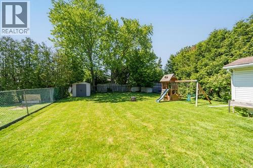 Expansive green lawn with mature perimeter trees, featuring a chain-link fence, wood fencing, and a storage shed - 420 Upper Gage Avenue, Hamilton, ON 
