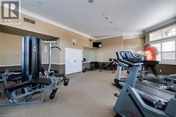 Fitness center featuring carpeted flooring and crown molding - 