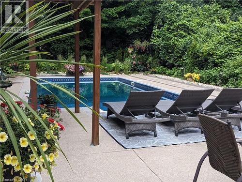 In-ground swimming pool with a liner, surrounded by a concrete patio - 355 Edgehill Drive, Kitchener, ON 