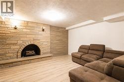 Stone fireplace with arched firebox and hearth - 