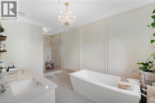 Freestanding soaking tub with floor-mounted faucet - 6195 Milburough Line, Burlington, ON - Indoor Photo Showing Bathroom