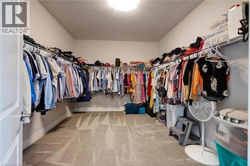 Spacious walk-in closet featuring extensive built-in wire shelving and hanging rods, neutral tone carpet flooring, and a recessed ceiling light fixture - 57 Hollybrook Trail, Kitchener, ON 