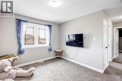 Carpeted room featuring a white-framed window, light gray walls, white baseboards, and two white panel doors - 417 Rivertrail Avenue, Kitchener, ON 
