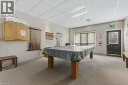 Recreation room featuring a central billiard table, light gray carpeting, and a drop ceiling with integrated lighting - 