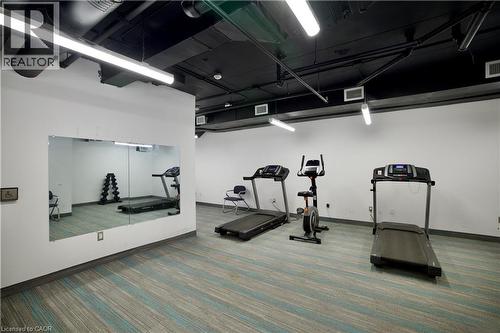 Fitness area featuring multiple treadmills, an exercise bike, and dumbbell rack - 246 Lester Street Unit# 306, Waterloo, ON 