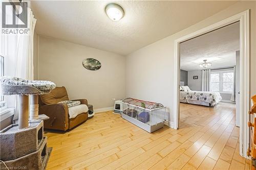 Hardwood-style flooring throughout this bright room, featuring a large window with white sheer drapes - 70 Webster Road, Hamilton, ON 