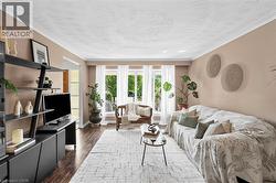 Spacious living area featuring wood-finish flooring, a decorative textured ceiling, and crown molding - 