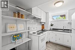 Basement Kitchen  with subway tile backsplash, white cabinetry, dark countertops, a double basin stainless steel sink, and wood-finish flooring - 