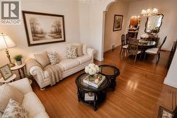 Living area featuring wood-finish flooring with intricate inlay, an arched entryway, and neutral wall tones - 