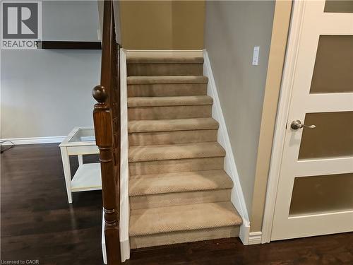 Carpeted staircase with a rich wood-finish newel post and dark wood-finish flooring - 596 Spinnaker Crescent, Waterloo, ON 