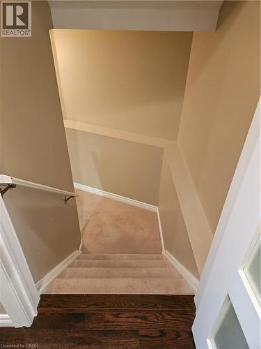 Carpeted staircase with dark wood-finish flooring at the top landing - 596 Spinnaker Crescent, Waterloo, ON 