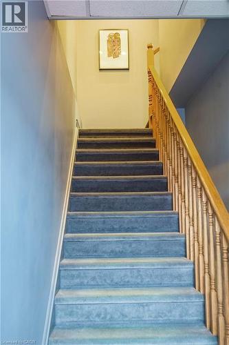 Carpeted staircase featuring a light wood handrail and balusters - 5100 South Service Road, Burlington, ON 