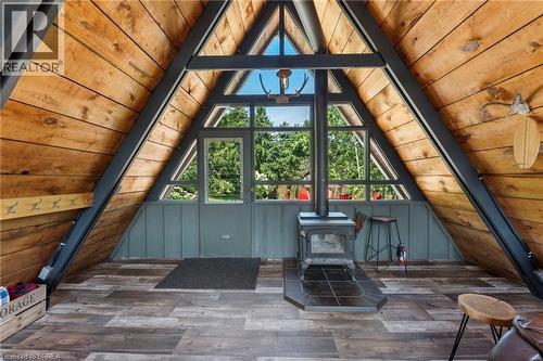 Interior of A-Frame Cabin with Woodstove - 182 Governors Road E, Paris, ON 