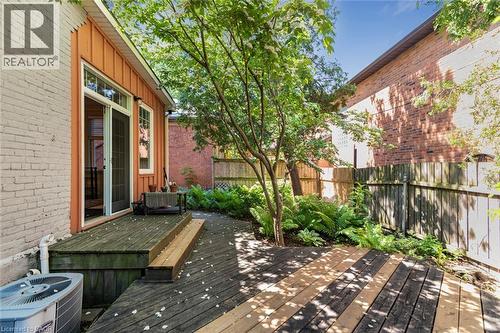 Private backyard deck featuring a sliding glass door entry, mature tree, and surrounding greenery - 18 Pearl Street S, Hamilton, ON 