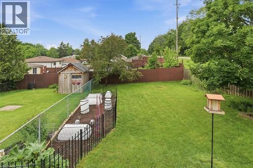 Expansive backyard featuring a manicured lawn, dedicated garden beds, a chain-link fence, and a wood storage shed - 116 Scott Road, Cambridge, ON 