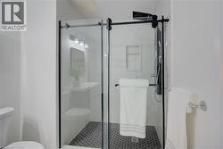 Spacious shower enclosure with black-framed glass sliding doors, black hexagonal tile flooring, and a built-in shower niche - 