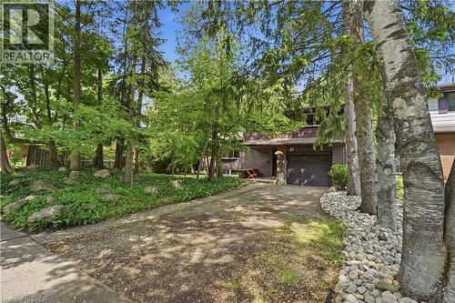 Mature trees frame a residence with a dark brown garage door and an integrated front entrance - 67 Longwood Drive, Waterloo, ON 