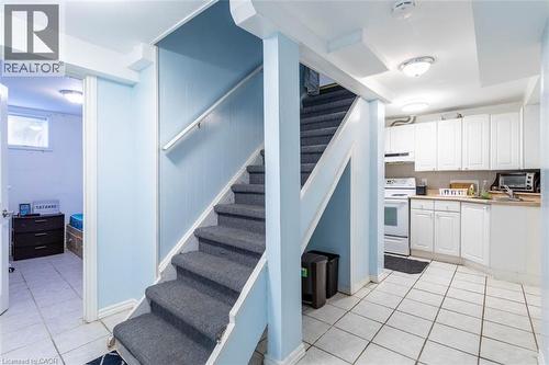 Stairwell with carpeted treads and white handrail leading to an upper level - 17 Thorndale Street N, Hamilton, ON 