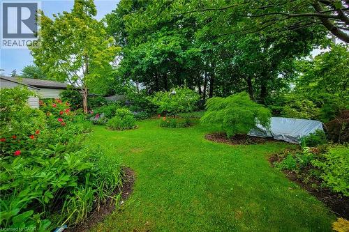 Expansive backyard featuring a manicured lawn, established garden beds with various plantings, and mature trees providing natural screening - 73 West 1St Street, Hamilton, ON 