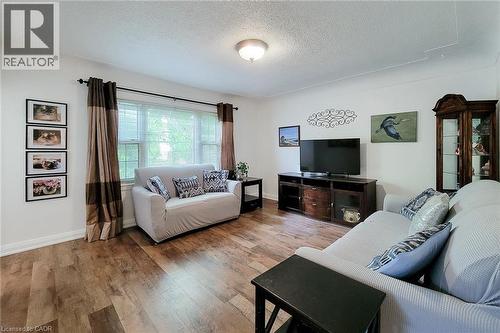 Expansive living area featuring wood-finish flooring, white baseboards, and a large window with white blinds - 73 West 1St Street, Hamilton, ON 