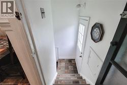 Stairwell entry featuring multi-toned laminate steps and an exterior door with integrated window panels that leads to the basement. - 