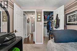 Carpeted bedroom featuring a built-in closet with shelving and drawers, a white paneled door, and neutral-toned walls with accent stripes - 