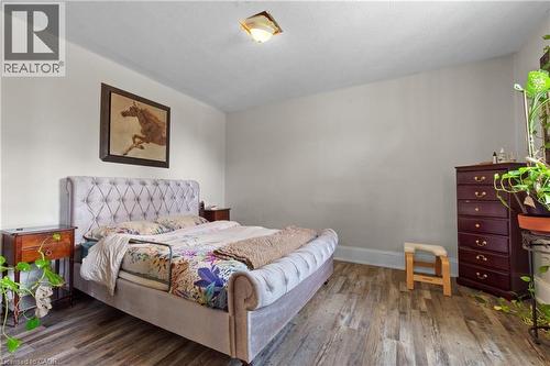 Neutral tone walls with wood-finish flooring and a ceiling-mounted light fixture. - 193 Locke Street N, Hamilton, ON - Indoor Photo Showing Bedroom